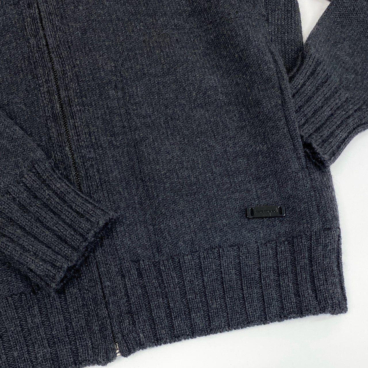67j6 BURBERRY LONDON バーバリーロンドン フルジップ ニットジャケット ブルゾン リブハイネック  M ダークグレー ウール100％u02t