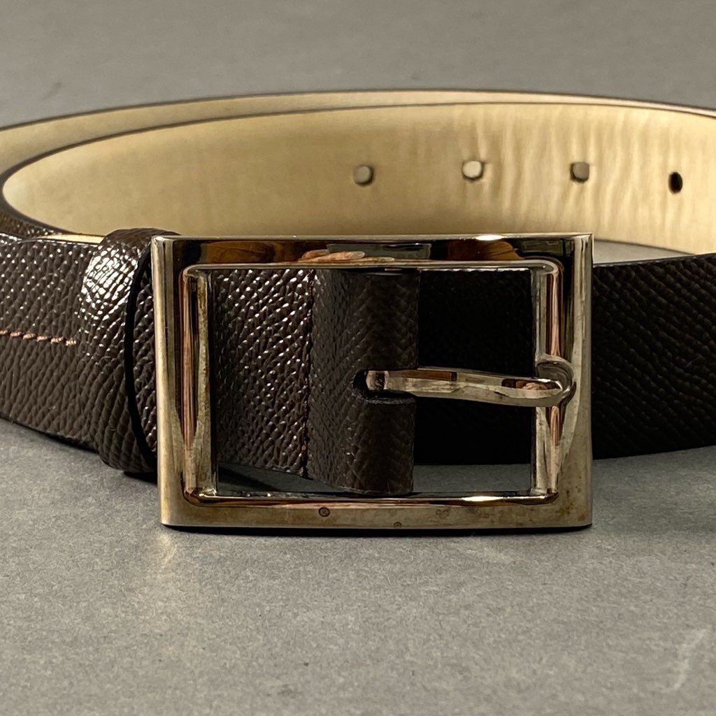 d2-2 《美品》 BVLGARI ブルガリ レザーベルト Leather Belt スクエアメタルバックル 44/110 ブラウン 紳士用 イタリア製 ビジネス フォーマル 小物