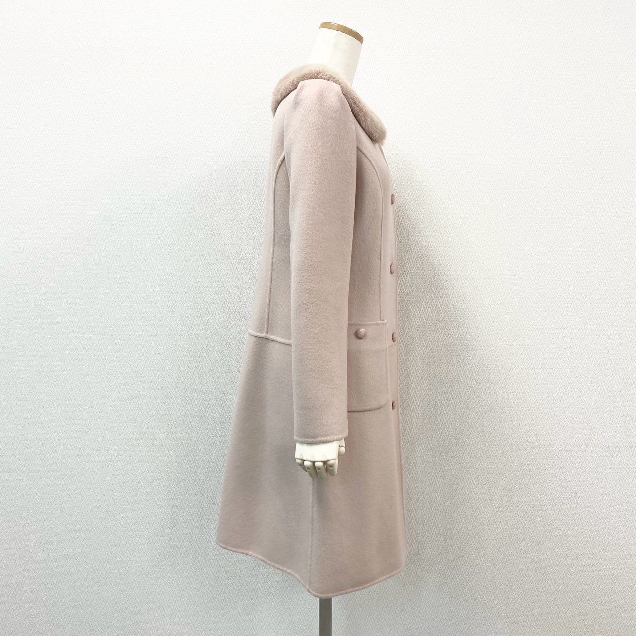 58f20 《美品》 Rene ルネ ミンクファー付き ラグジュアリー ウールコート 36 ピンク グレー 毛皮 アウター 女性服