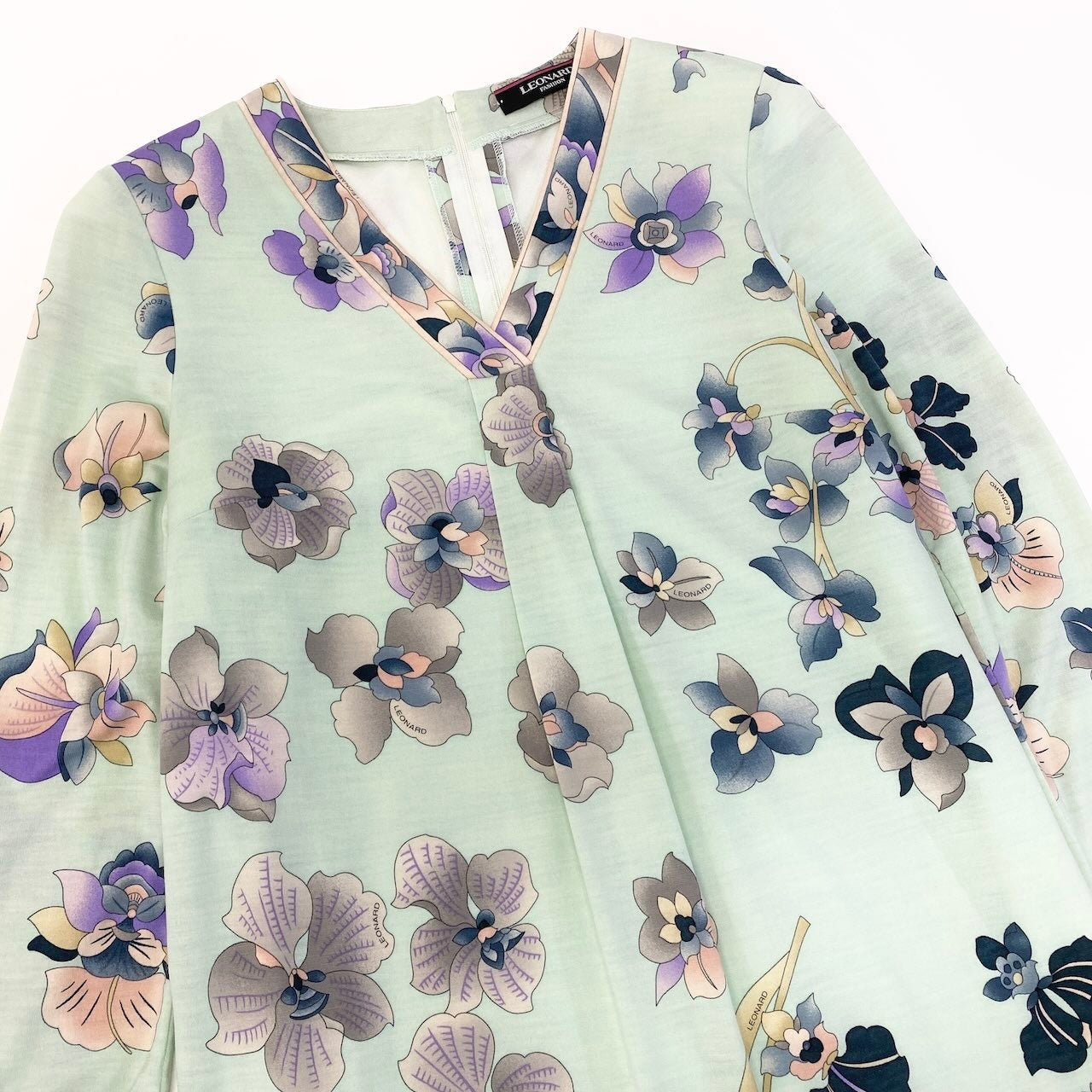 67e7 LEONARD FASHION レオナール Vネック ロングワンピース 美しい花柄プリント ロングスリーブ サイズ42 ミントグリーン レディース 女性服o07t