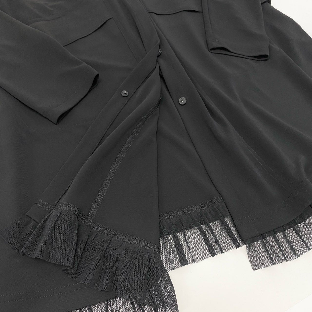 52k23《美品》 TOKUKO 1er VOL トクコプルミエヴォル ノーカラー ロングシャツワンピース ストレッチ○ 裾フリル 長袖 レディース 女性用 9 ブラックu02t