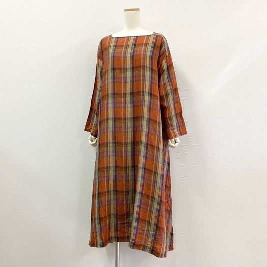 60j27《未使用品》nest Robe ネストローブ リネンマドラスチェックドルマンワンピース 長袖ロングワンピース 01221 1157 Fサイズ オレンジ系 レディースu02t