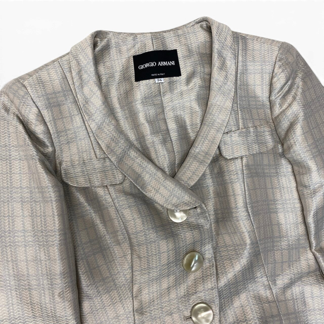 91g24 【美品】 GIORGIO ARMANI ジョルジオアルマーニ テーラードジャケット  BORGO21 チェック柄 丸襟 サイズ36 光沢ベージュ ライトグレー レディースu02t
