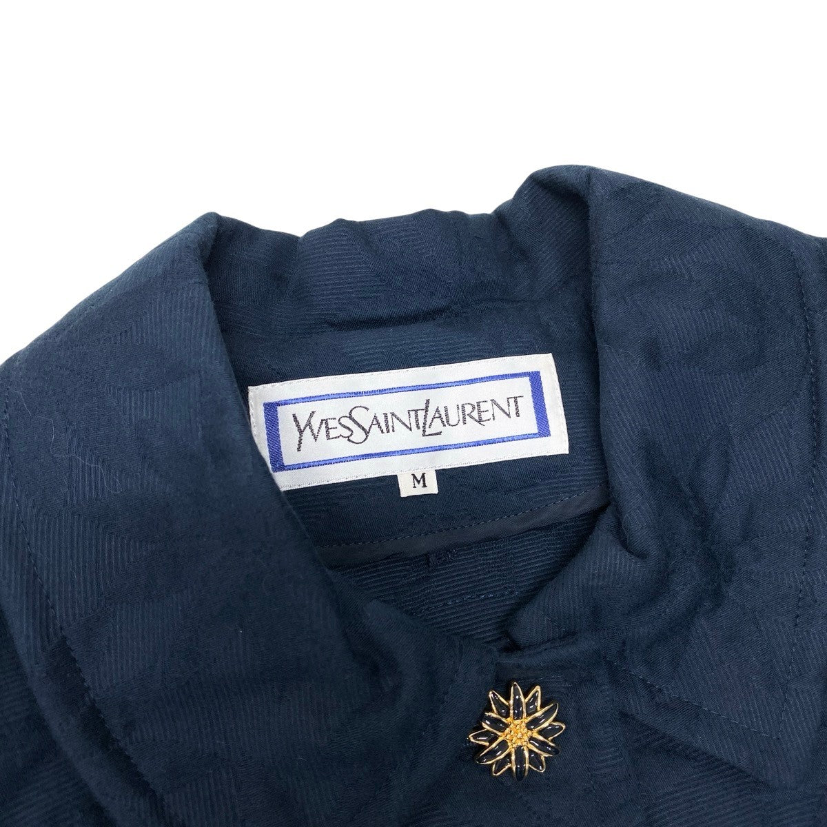 Eh10 YVES SAINT LAURENT イヴサンローラン ショートスリーブ 花柄ジャケット 飾りボタン M ネイビー コットン レディースo07t