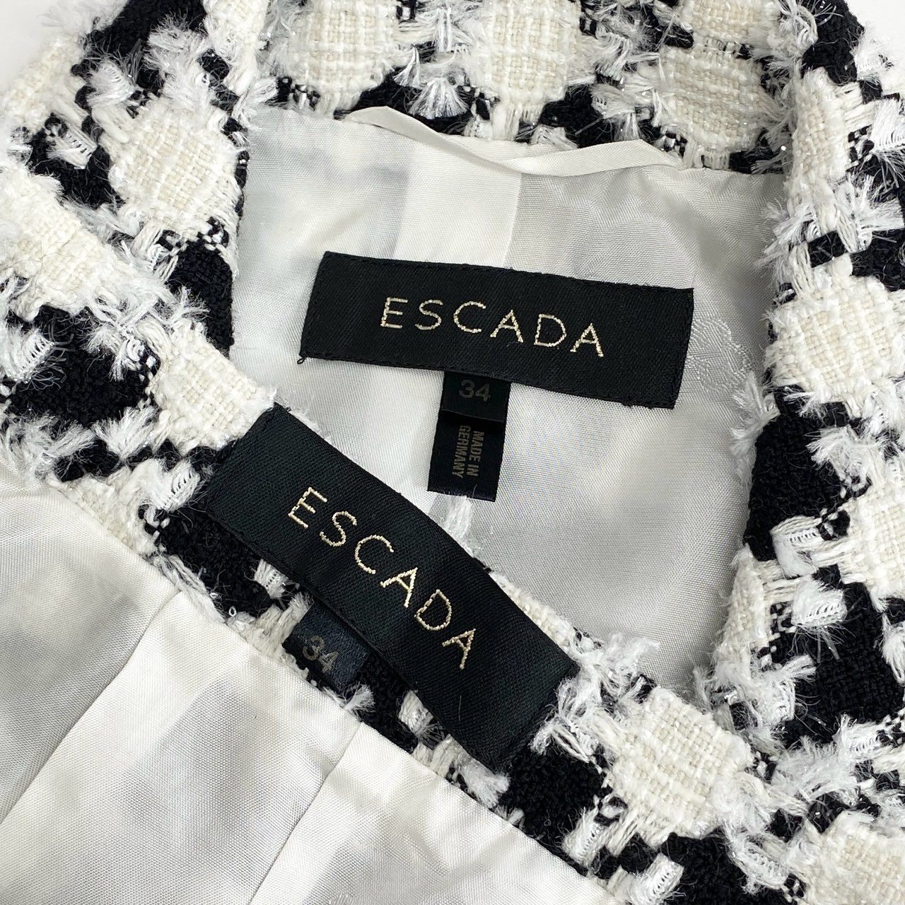 15c21 《美品》 ESCADA エスカーダ ドイツ製 ツイード セットアップ スーツ ジャケット スカート ラメ フリンジ 34 ホワイト ブラック ウール