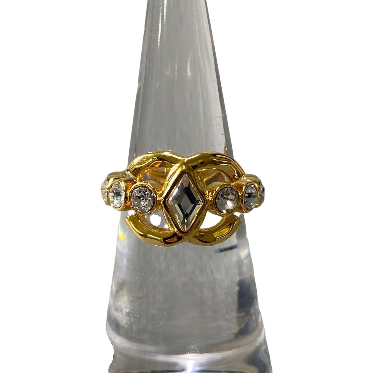 e19 《極美品》 CHANEL シャネル ココマーク ラインストーン ゴールドリング Coco Gold Rhinestone Band Ring L23C ９号 ゴールド 指輪 箱付t18r
