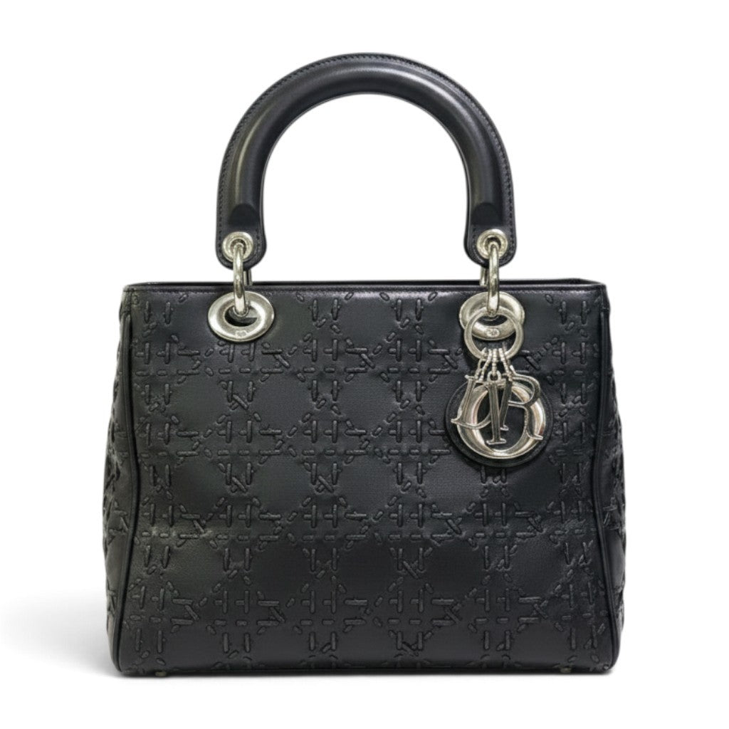 h29 Christian Dior レディディオール M ウィップステッチ カナージュ ブラック レザー レディース 女性用ta1