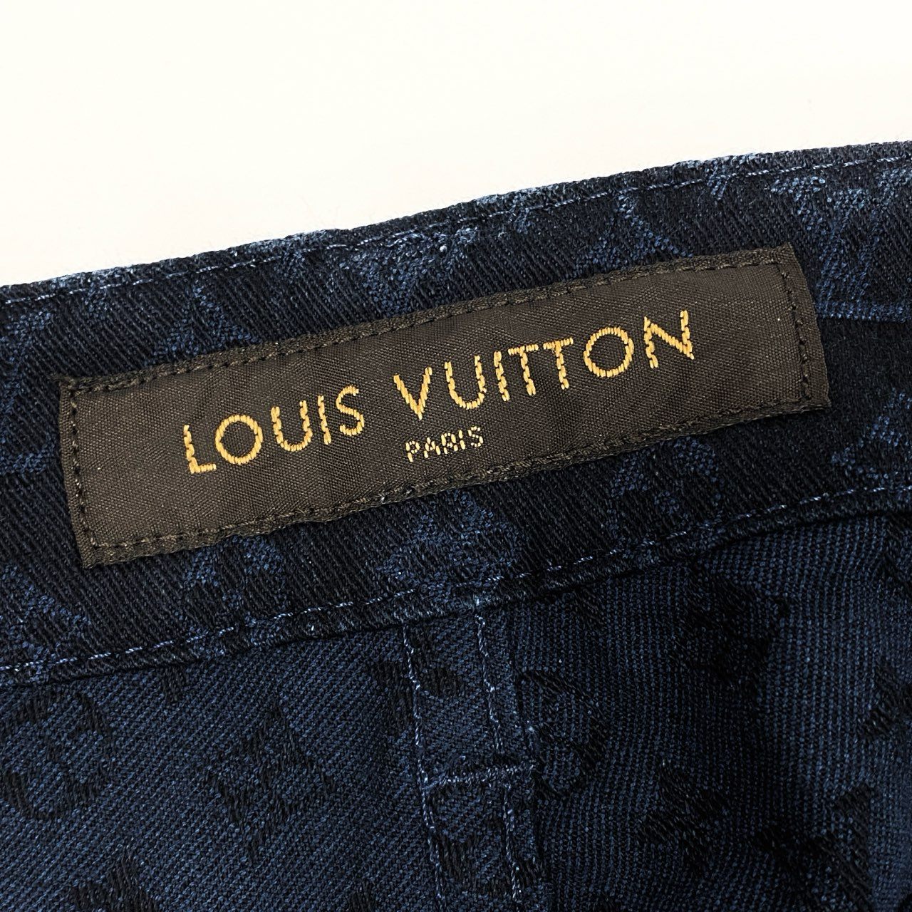 50b7 LOUIS VUITTON ルイヴィトン モノグラムデニムパンツ 裾レザー Monogram Denim Jeans 40サイズ インディゴ レディース 女性用ta1
