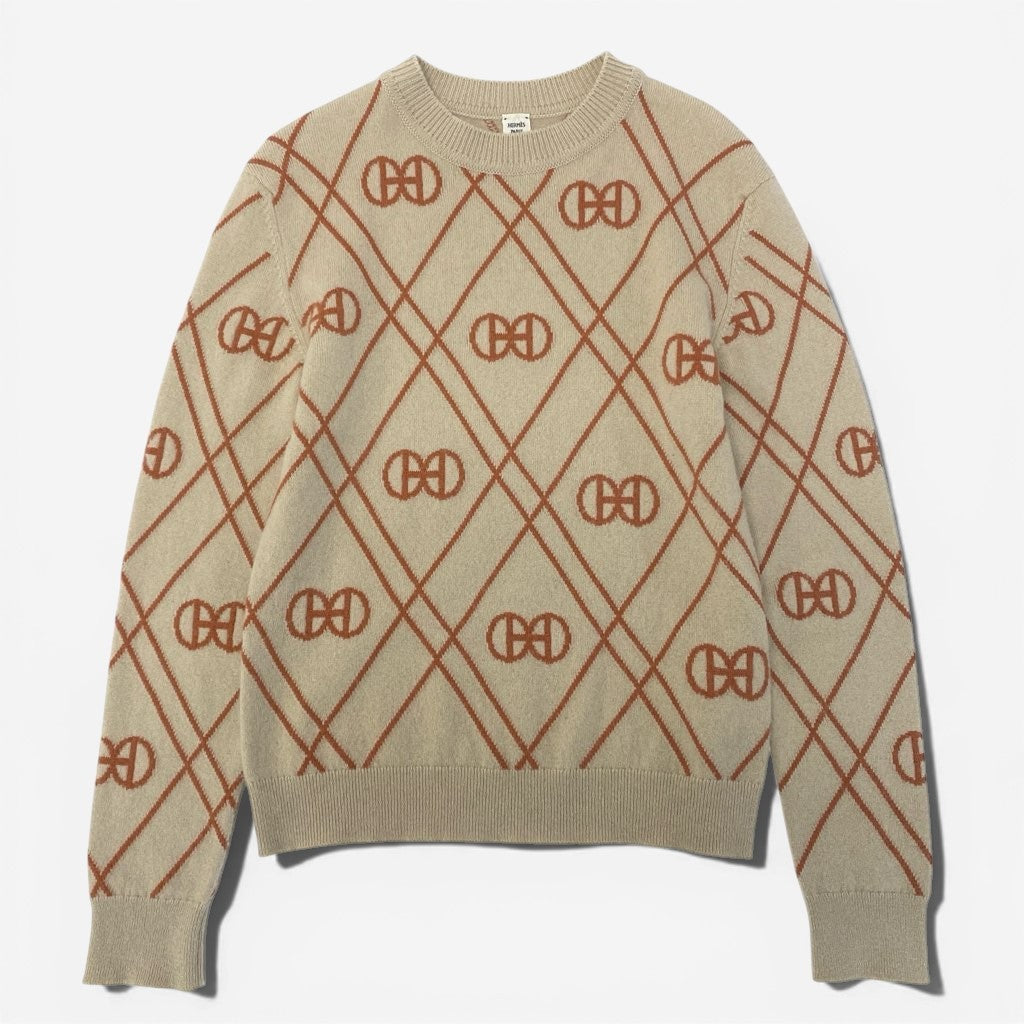 29a9 HERMES エルメス Hロンド カシミヤ ニットセーター クルーネック 総柄 長袖 レディース 女性用 2E2632DT 34 ベージュ カシミア100％o07t