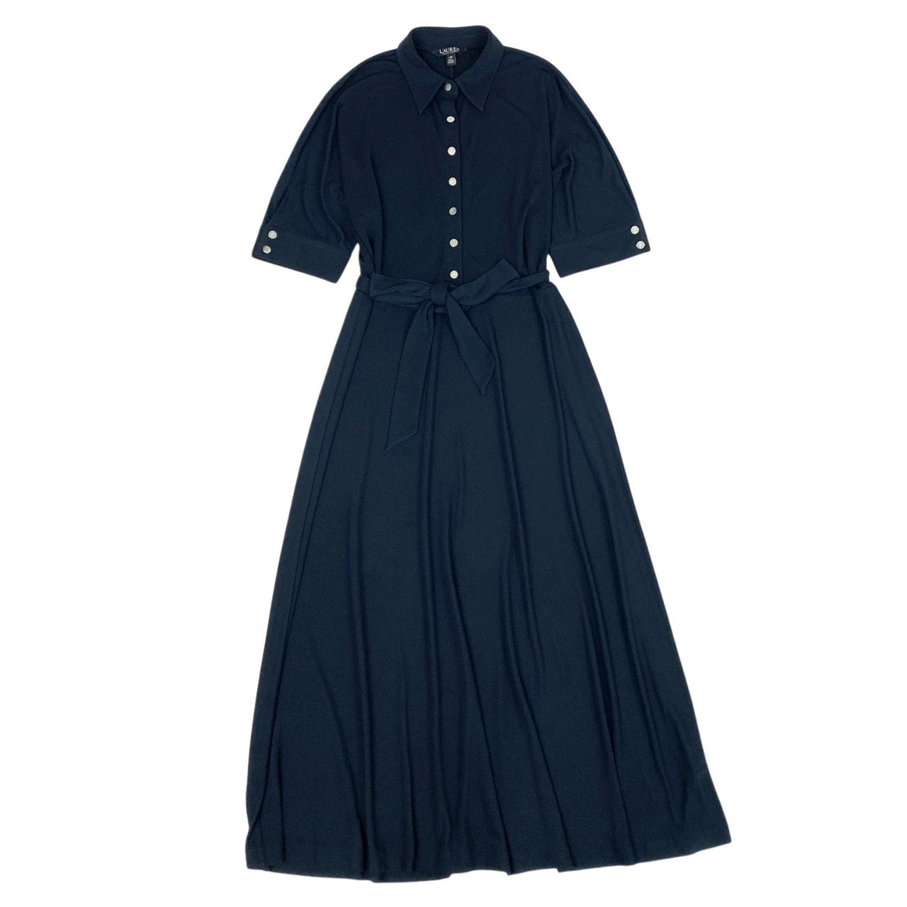 31b11 LAUREN RAIPH LAUREN ローレンラルフローレン 半袖ロングワンピース フレアワンピース ウエストリボン ロゴボタン Lサイズ ダークネイビー レディースo07t