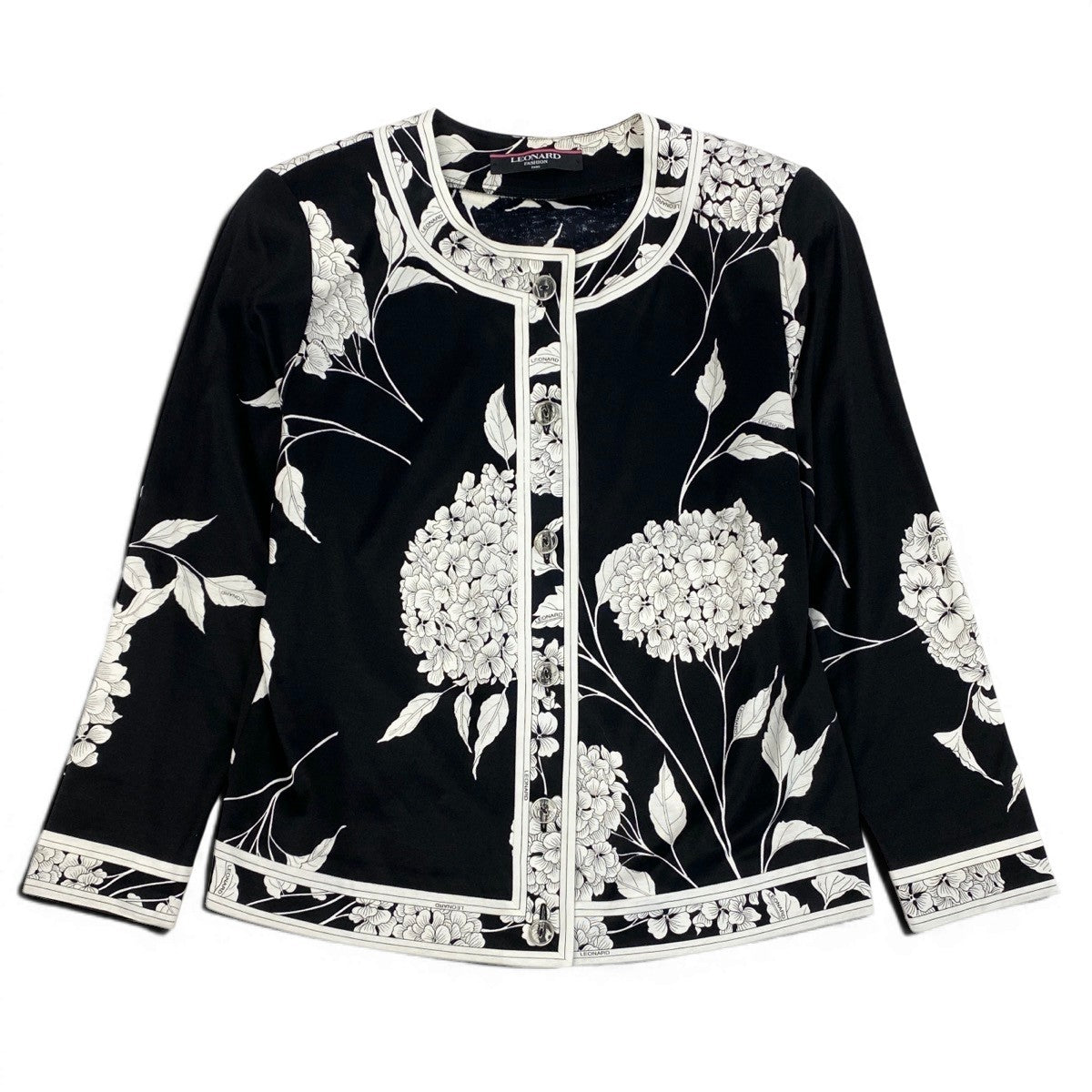 9f5 LEONARD FASHION レオナール ノーカラージャケット 薄手 花柄プリント クリアボタン サイズM ブラック ホワイト コットン100％ レディース 女性服u02t