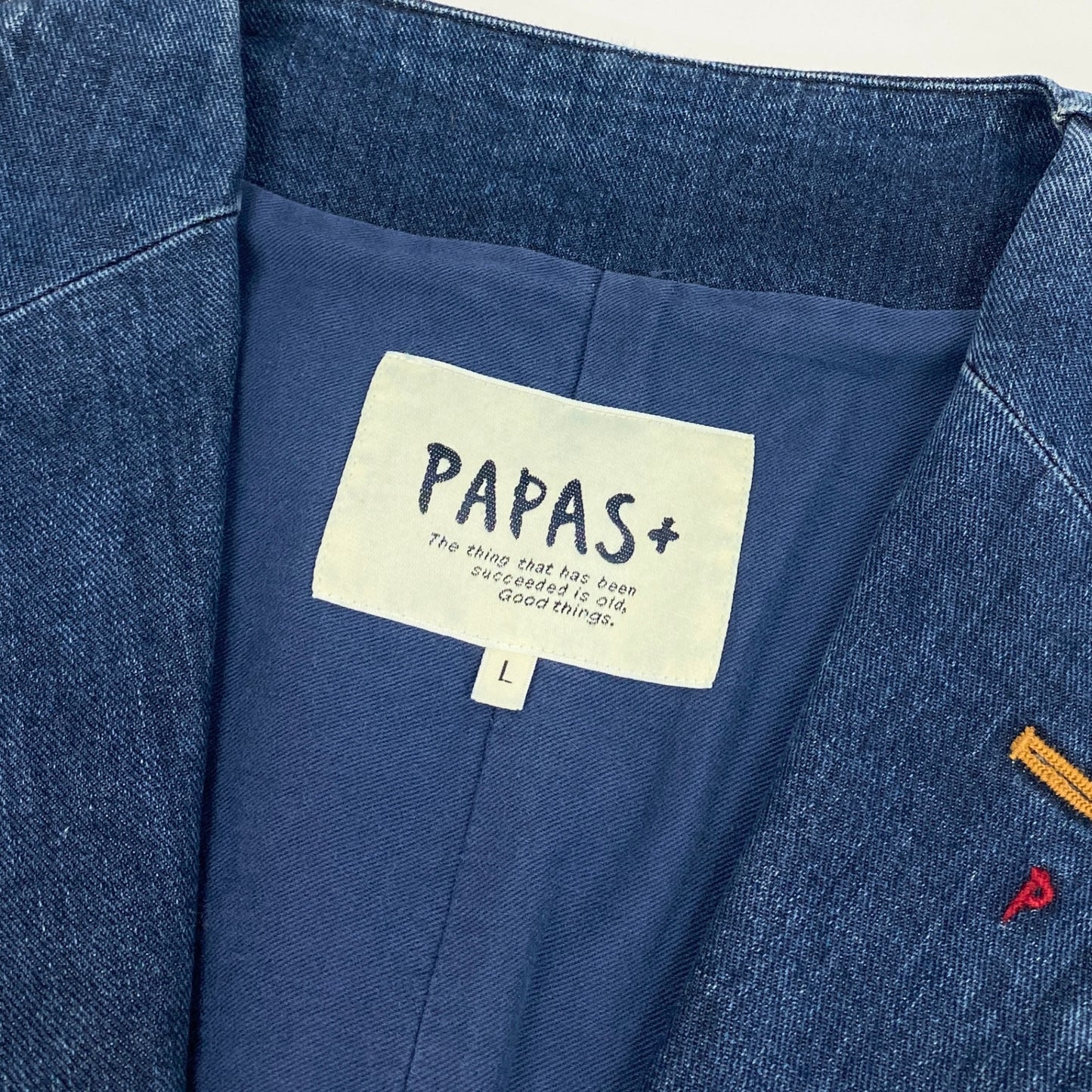 29k6【美品】PAPAS+ パパスプラス デニムベスト  ノースリーブ ジャケット アウター D045CFV 007 Lサイズ インディゴ メンズu02t