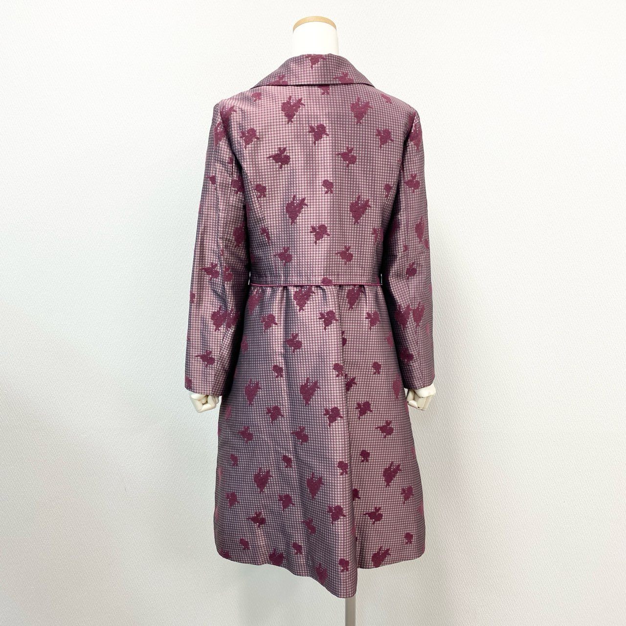 27j22 《美品》HANAEMORI ALMA EN ROSE ハナエモリ アルマアンローズ チェスターコート ギンガムチェック 花柄 キルティング 38サイズ パープル レディースu02t