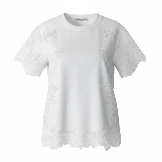 23e11【美品】ERMANO SCERVINO エルマノシェルビーノ 花柄レース半袖Tシャツ カットソー ストレッチ トップス 42サイズ ホワイト レディース 女性用t18r