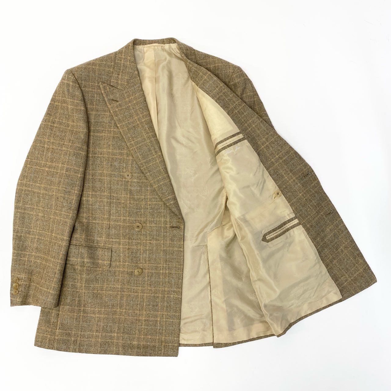 76a28 Vintage Brioni ブリオーニ FLAMINIO スーツセットアップ テーラードジャケット スラックス チェック柄 50サイズ ベージュ ウール100％ メンズ 男性用u02t