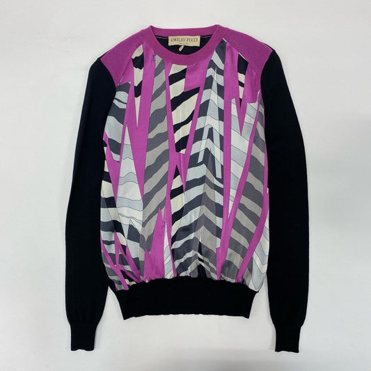 14j9 EMILIO PUCCI エミリオプッチ イタリア製 切替 ニットセーター クルーネック 総柄プリント ロングスリーブ 薄手 シルクウール 56KR60 XS ブラックu02t