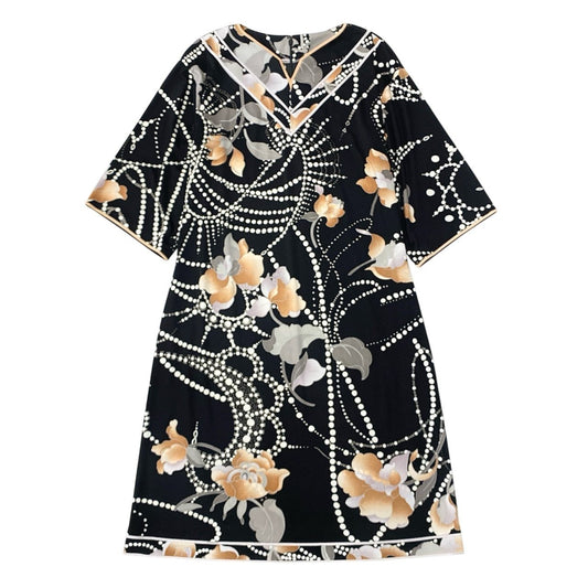 31b6 【美品】LEONARD レオナール 五分袖ロングワンピース 美しい花柄プリント 総柄 0320320 40サイズ ブラック カンカン素材 レディース 女性用u02t