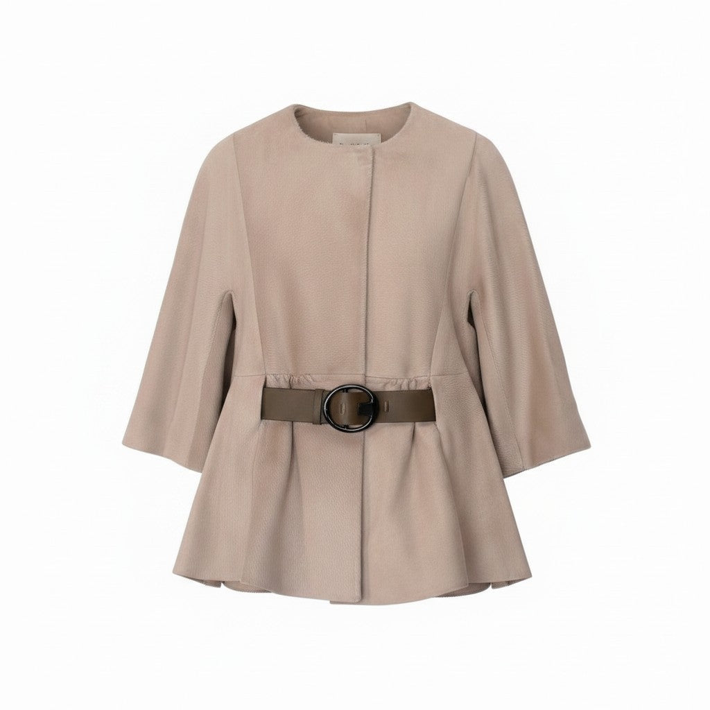 Ef8 MARNI マルニ ノーカラージャケット ハーフコート レザーベルト付 サイズ40 ベージュ レディース 女性用u02t
