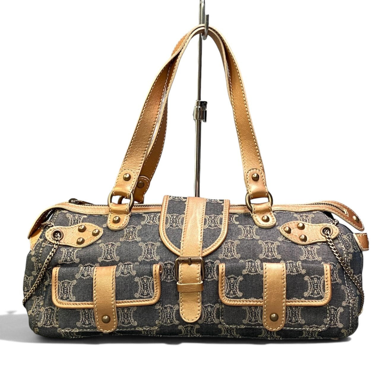 h29 CELINE 2005年 マカダム柄 ヴィンテージ デニムバッグ インディゴ オレンジベージュ レディース 女性用ta1