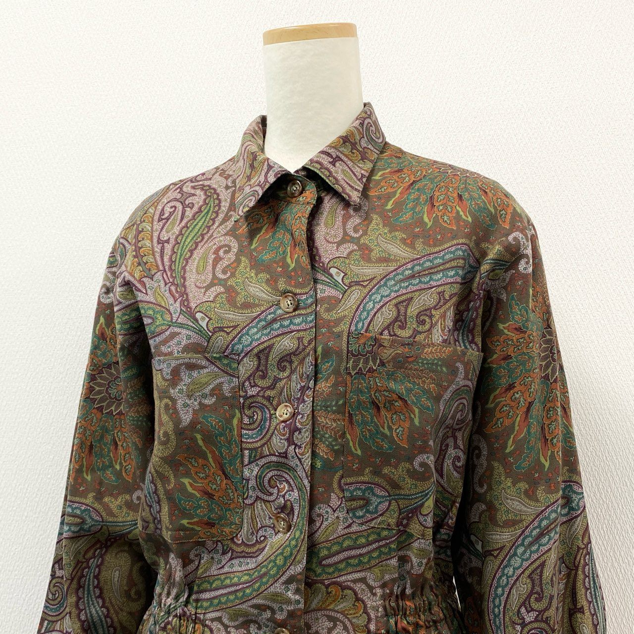 54g10 《美品》 ETRO エトロ ペイズリープリント レトロシャツワンピース 44 カーキ Vintage ヴィンテージ アンティークドレス