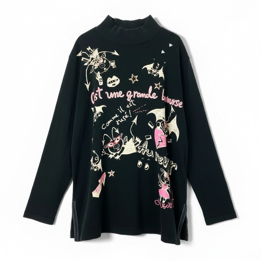 6a9 OLLEBOREBLA オレボレブラ チュニックカットソー ロングスリーブ モックネック ブタさん ビーズ装飾 レディース ブラックo07t