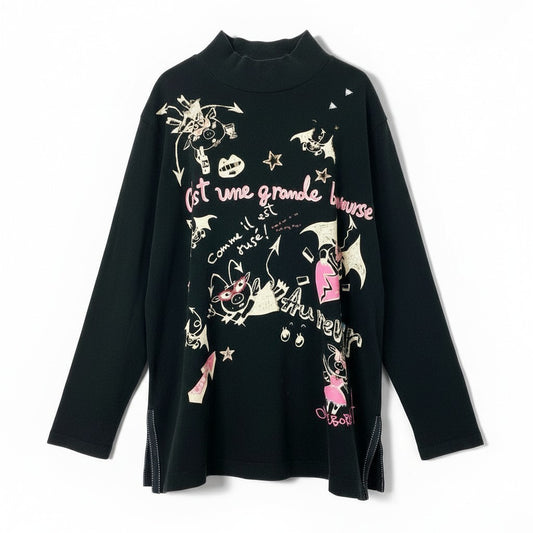 6a9 OLLEBOREBLA オレボレブラ チュニックカットソー ロングスリーブ モックネック ブタさん ビーズ装飾 レディース ブラックo07t