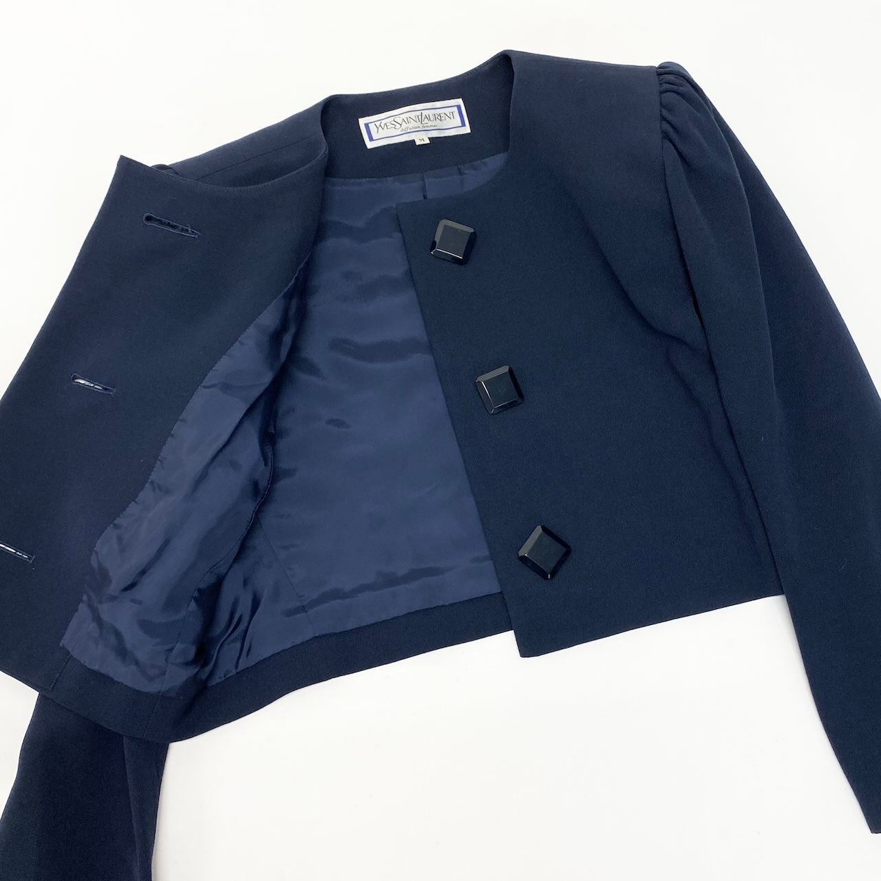 43e11 YVES SAINTLAURENT イヴサンローラン セットアップスカート フォーマル ノーカラージャケット タックスカート サイズM ネイビー ウール100％ レディース 女性服o07t