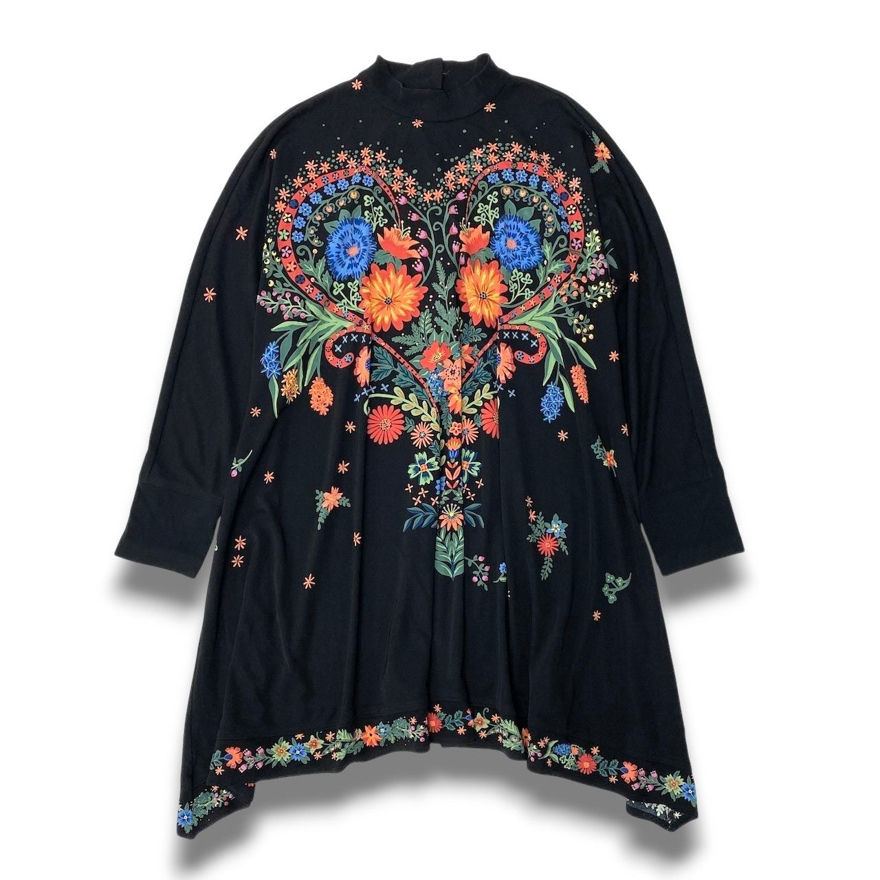 80c10 TOKUKO 1er VOL トクコプルミエヴォル チュニックワンピース ハイネック 花柄プリント ハート ストレッチ ロングスリーブ レディース 女性服 サイズ9 ブラックu02t