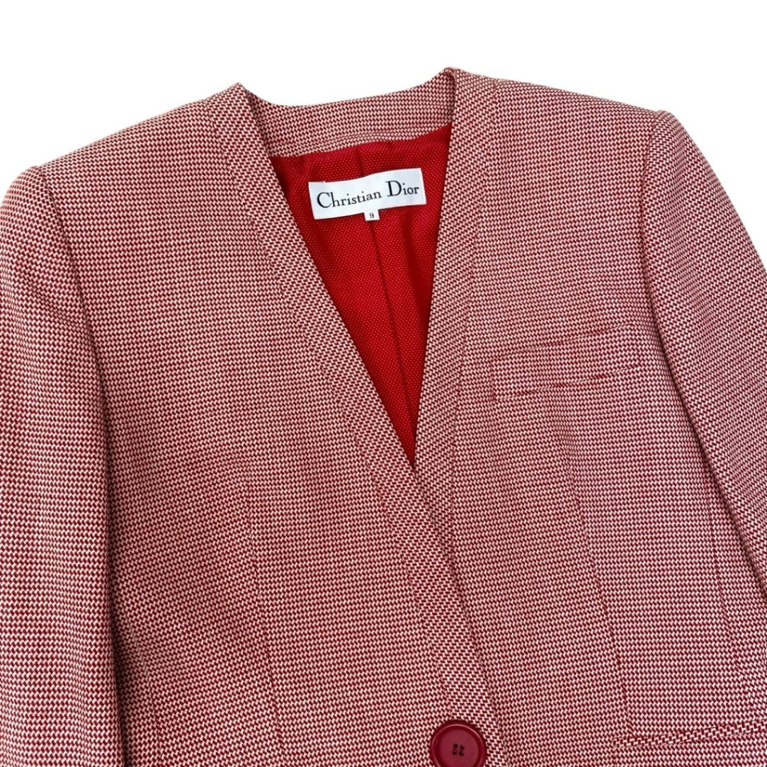 Eh10 Christian Dior クリスチャンディオール ノーカラージャケット ウールジャケット 総柄 サイズ9 レッド ホワイト レディースo07t