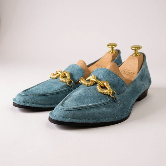 1a6 TORY BURCH トリーバーチ ローファー パンプス フラットシューズ スウェード 8Mサイズ ブルー系 レザー レディースk02i