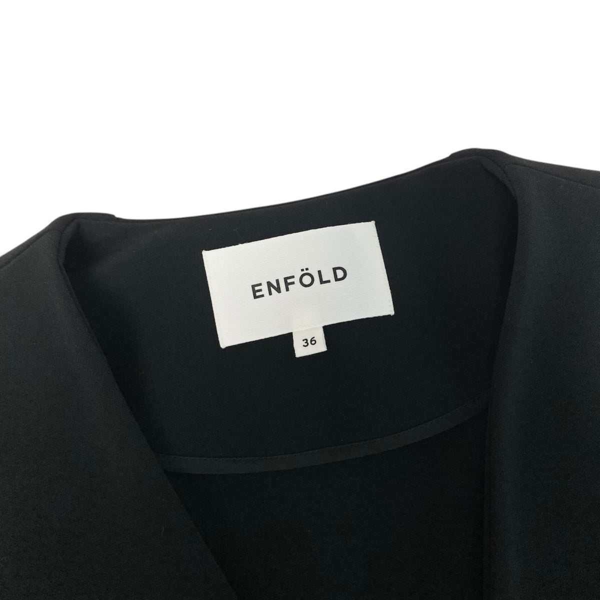 30j27 【極美品】 ENFOLD エンフォルド ベルスリーブ ノーカラージャケット ボタンレス サイズ36 ブラック レディースu02t