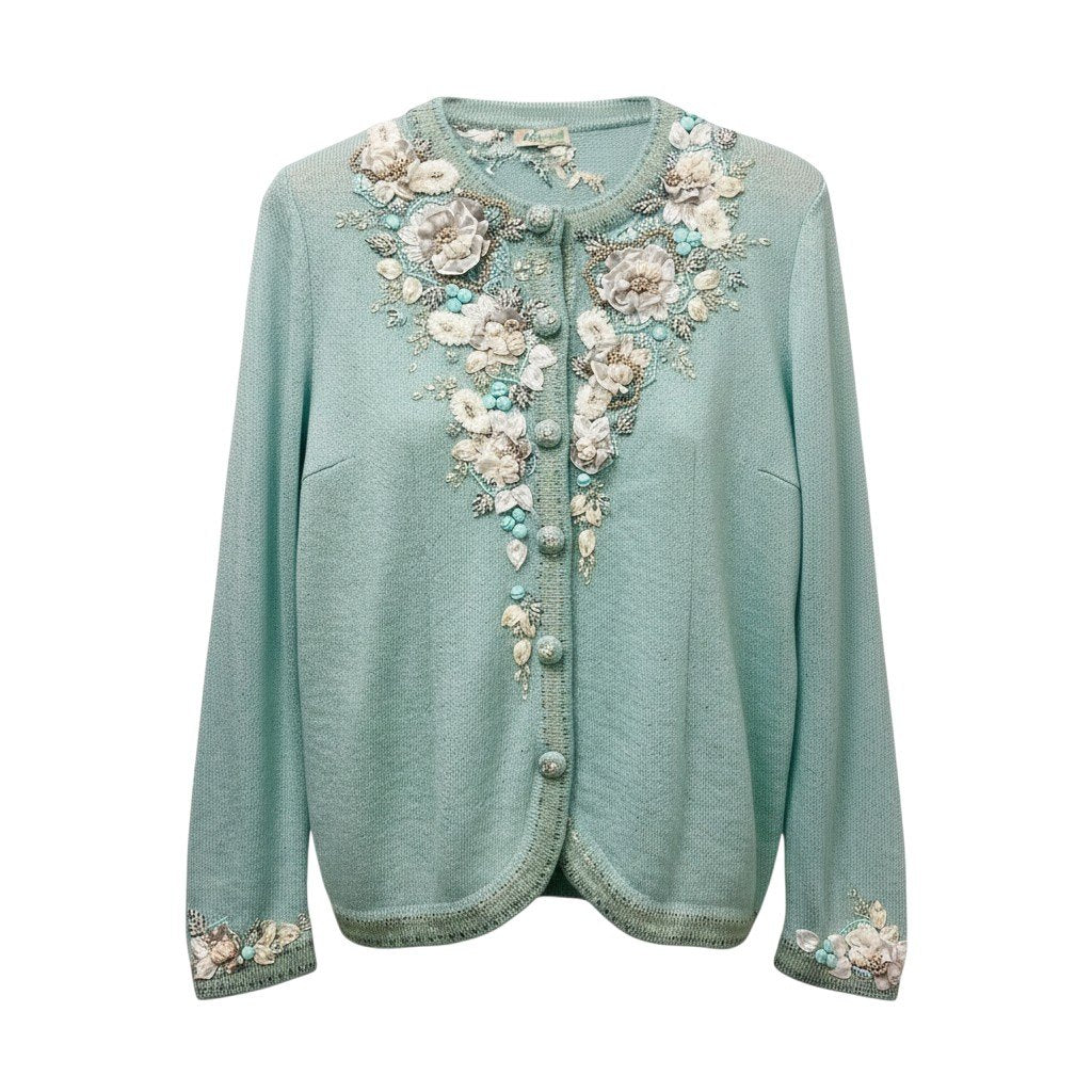 58g5 ATELIER SAGAN アトリエサガン ロングスリーブカーディガン ニットセーター 刺繍デザイン Mサイズ ミントブルー レディース 女性用u02t