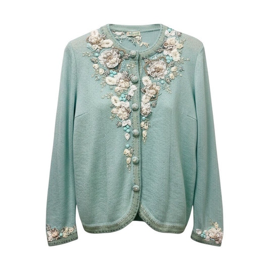 58g5 ATELIER SAGAN アトリエサガン ロングスリーブカーディガン ニットセーター 刺繍デザイン Mサイズ ミントブルー レディース 女性用u02t