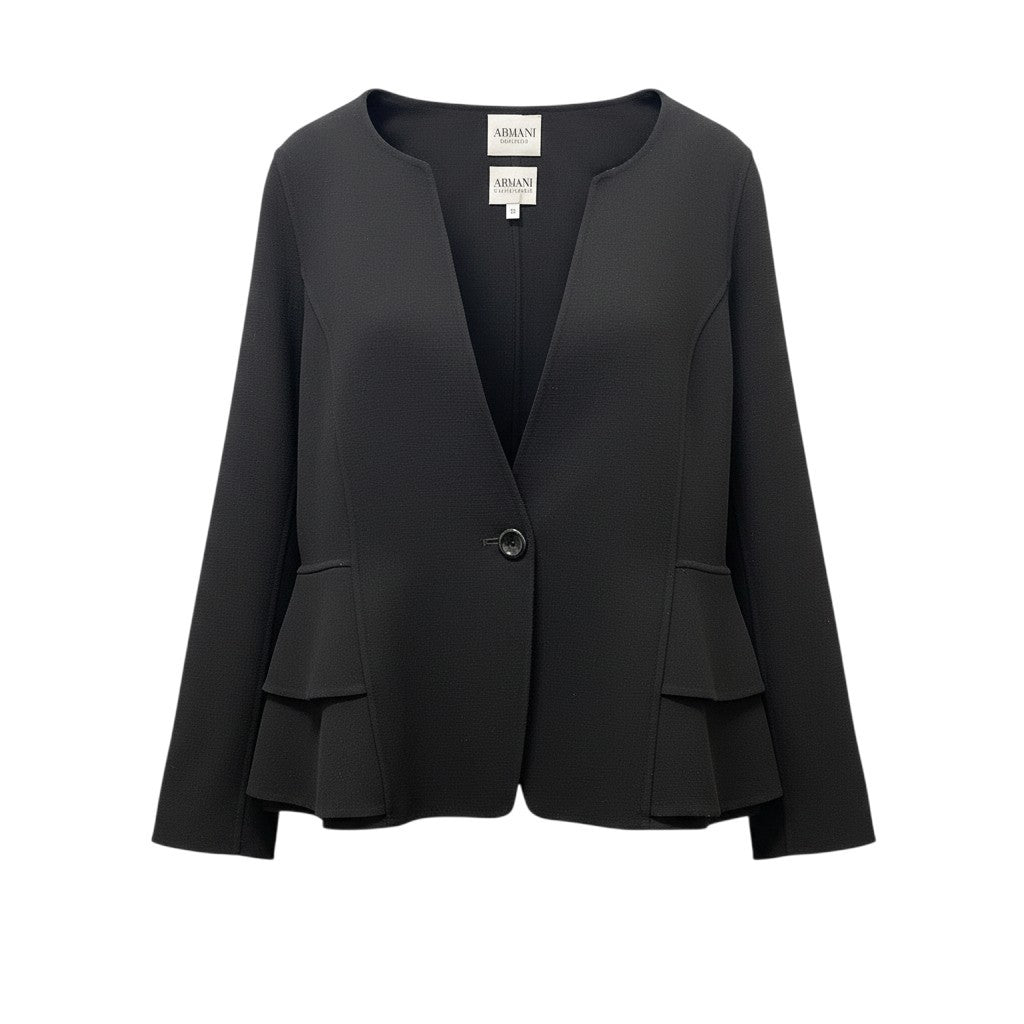17f18 ARMANI COLLEZIONI アルマーニコレツィオーネ ノーカラージャケット 裾フリル サイズ48/2XL相当 ブラック ウール100％ レディース 女性用u02t