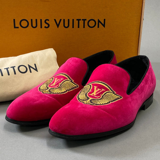 2h9《美品》LOUIS VUITTON ルイヴィトン オートゥイユレインオペラシューズ ローファー ベルベット LVロゴ 7 ピンク メンズu02t
