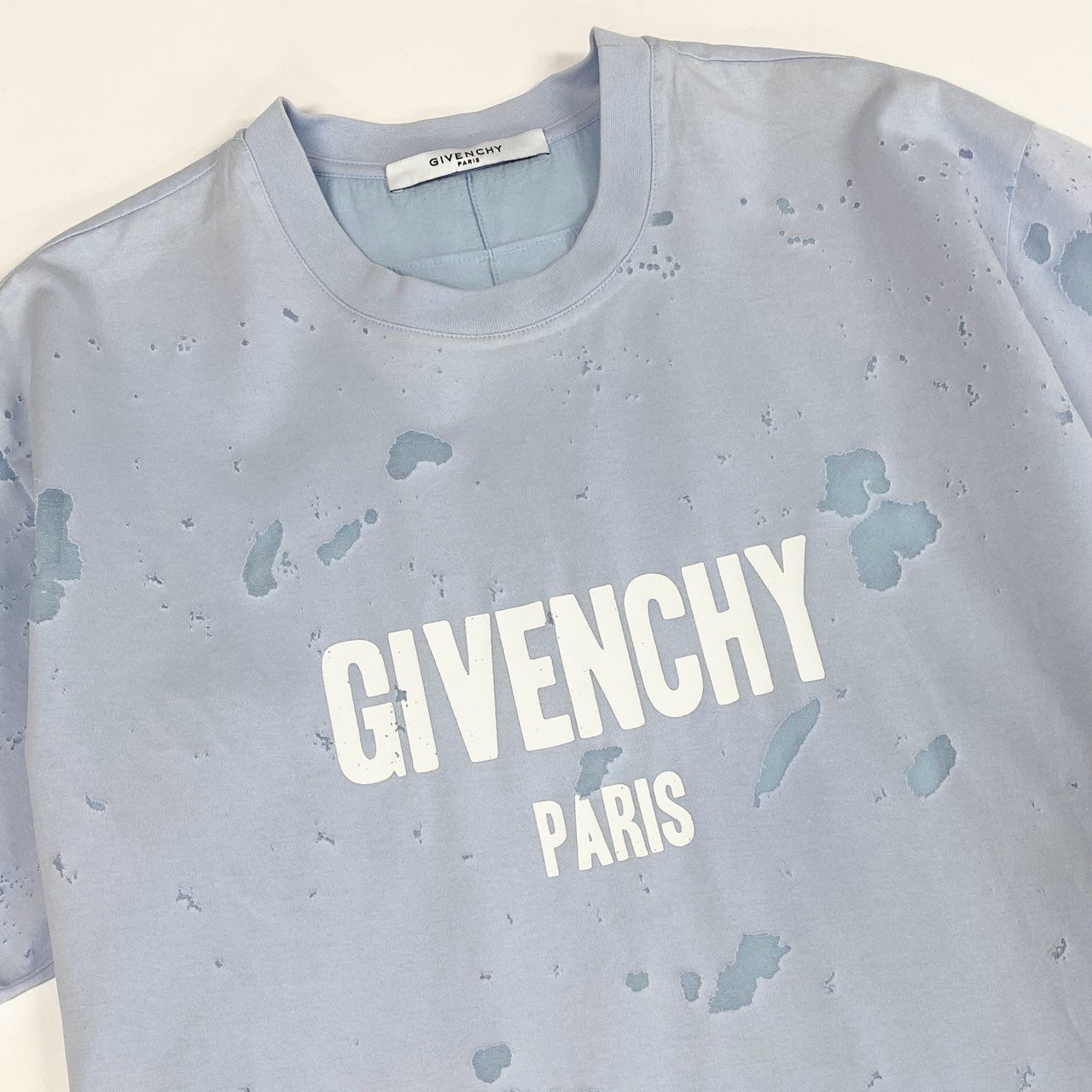 42a23《美品》 GIVENCHY ジバンシー デストロイ クラッシュ加工 半袖Tシャツ カットソー トップス M ライトブルー コットン メンズu02t