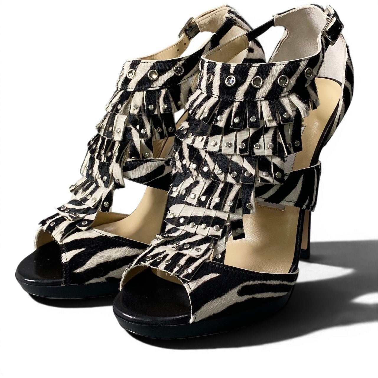 e13 JIMMY CHOO ジミーチュウ オープントゥ ヒールパンプス ハラコ ゼブラ柄 スタッズ ハイヒール 36 1/2 ブラック ホワイト レディース 女性用k02i