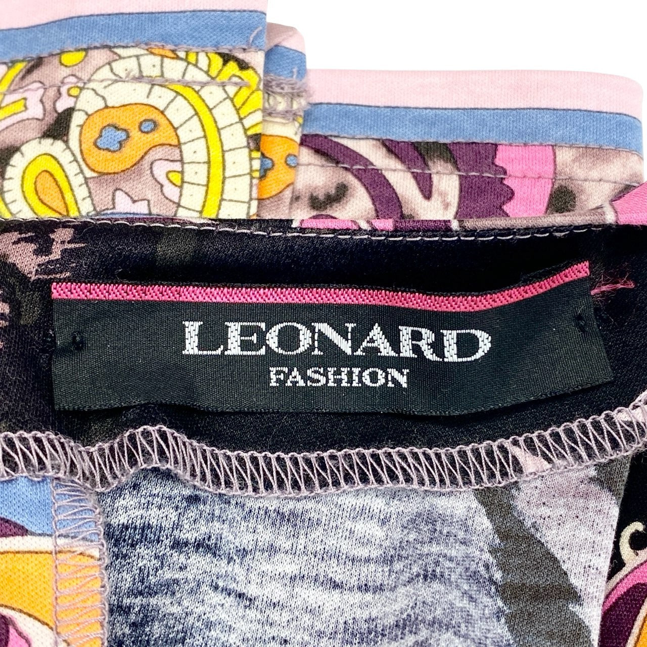 44b17 【極美品】LEONARD レオナール 七分袖チュニックトップス スクエアネック レオパード総柄プリント 0399604 42サイズ マルチカラー コットン100％ レディース 女性用u02t