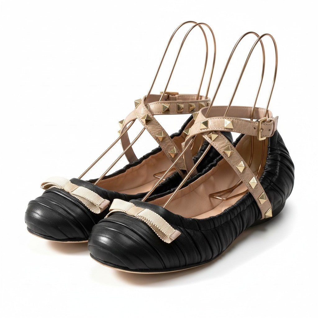 g7 VALENTINO GARAVANI ヴァレンティノ ガラバーニ ロックスタッズ バレエシューズ パンプス 38 ブラック ピンクu02t