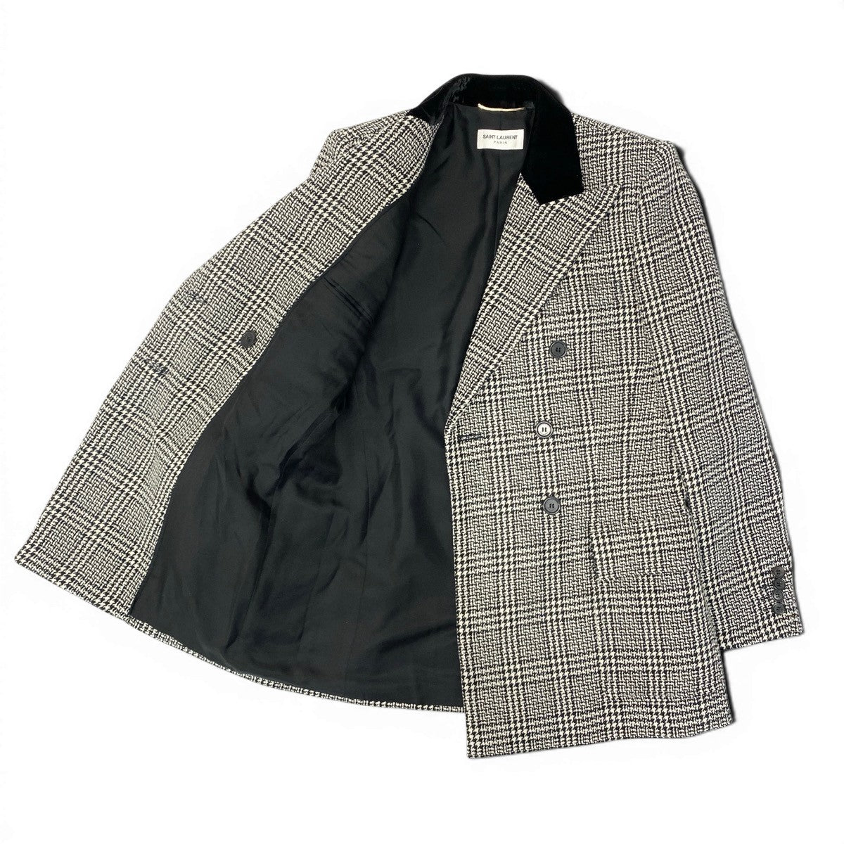 51e19 SAINT LAURENT PARIS サンローラン ツイードジャケット ロングジャケット ダブルブレスト グレンチェック サイズF38 ブラック ホワイト レディース 女性服u02t