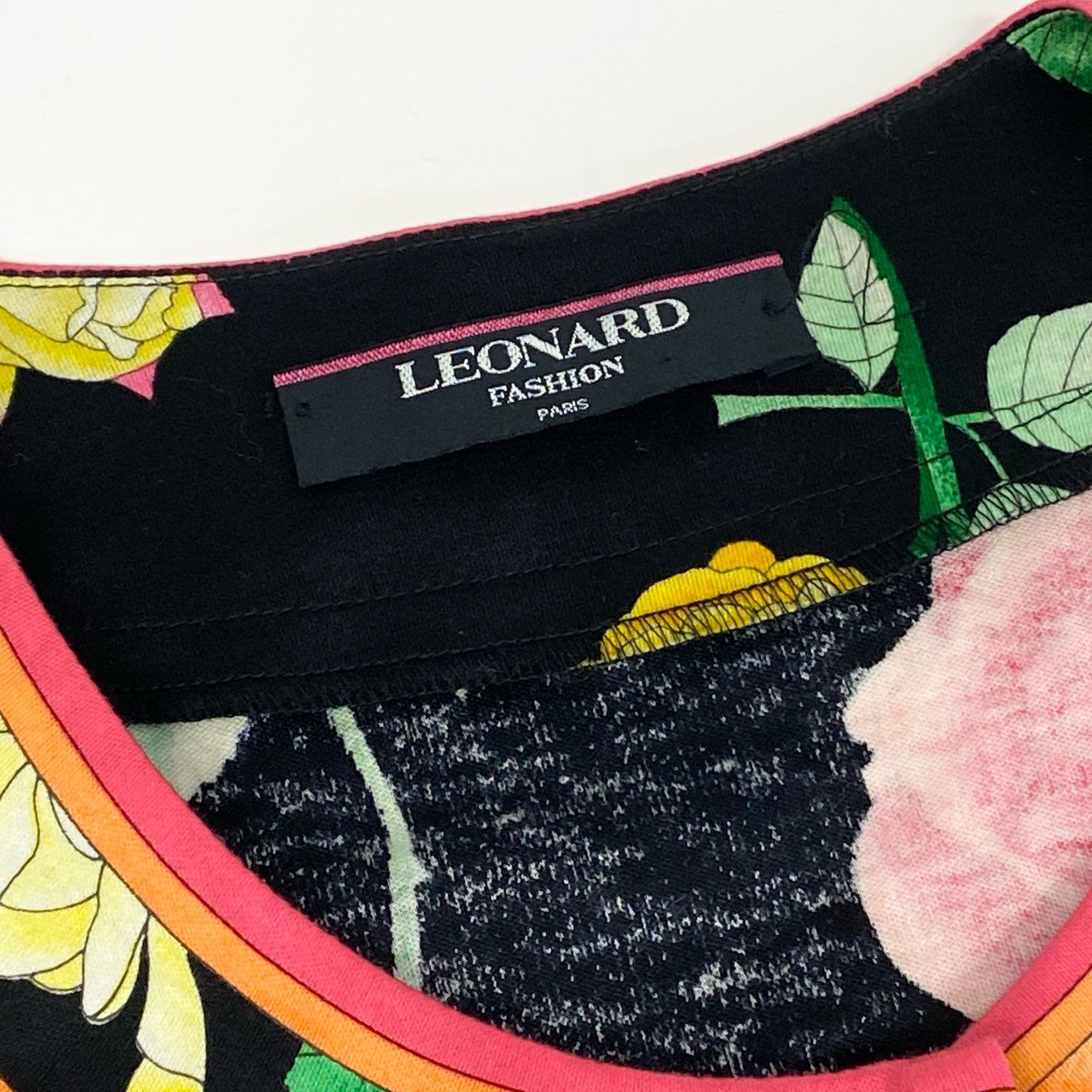 3k19 LEONARD FASHION レオナール ロングシャツワンピース ノーカラー 羽織 美しい花柄プリント ロングスリーブ 金ボタン レディース 女性用 L ブラック コットン100％u02t
