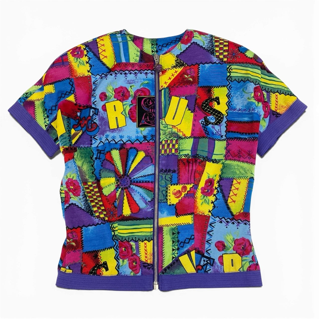 Ib19  VERSUS Gianni Versace ジャンニヴェルサーチ 総柄 半袖ジャケット ジップアップ 38 マルチカラー レーヨン レディースu02t