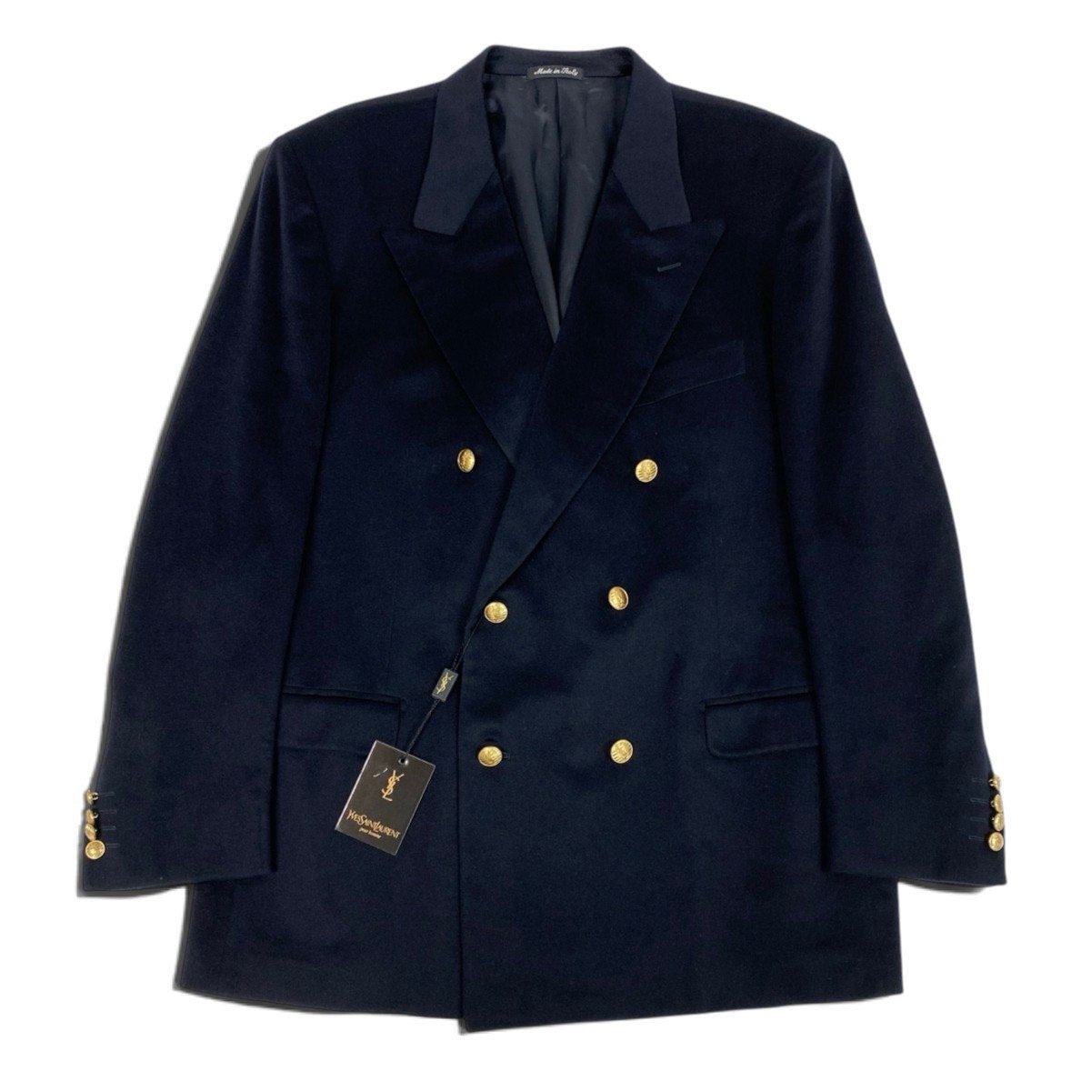 Mi4 YVES SAINT LAURENT イヴサンローラン テーラードジャケット ダブルブレスト YSLボタン 金ボタン 54 ブラック カシミヤ メンズ 紳士服o07t