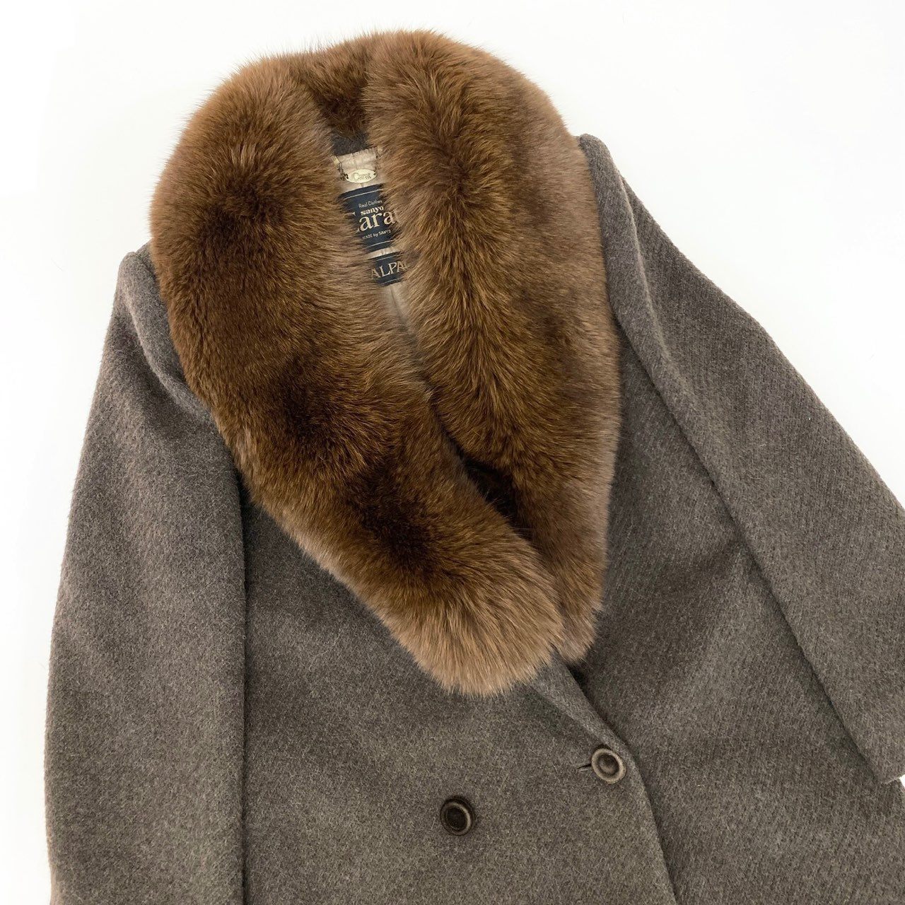 52L9 SANYO Carat サンヨー 染めブルーフォックスファー アルパカロングコート サイズ9号 ブラウン 画像参照 本毛皮 FOX FUR × ALPACAt18r