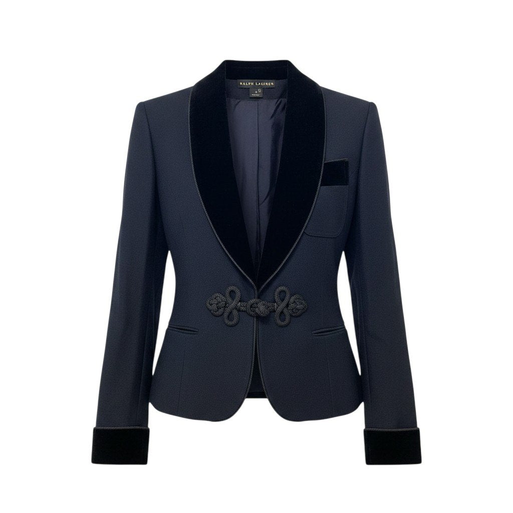 1h16 【美品】 RALPH LAUREN ラルフローレン ショールカラージャケット ベロア切替  サイズ2 ブラック レディース 女性用u02t