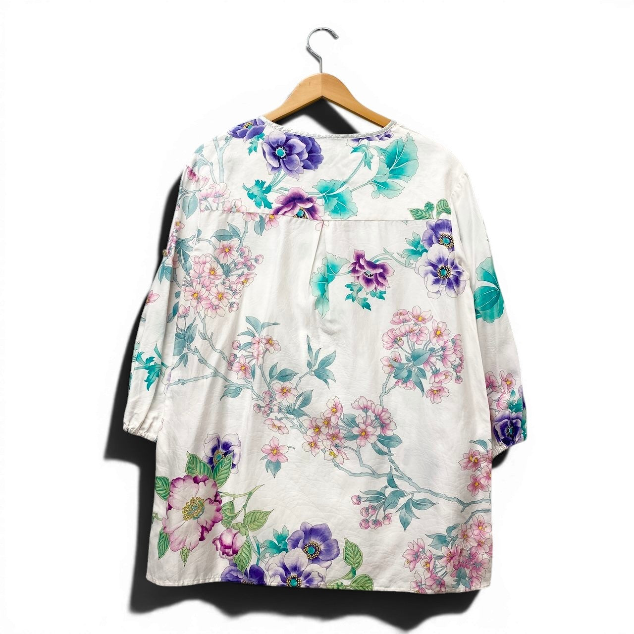 17f18 LEONARD PARIS レオナール ロングスリーブ チュニックワンピース 美しい花柄プリント コットンシルク混 サイズ36 イタリア製 ホワイト レディース 女性用u02t