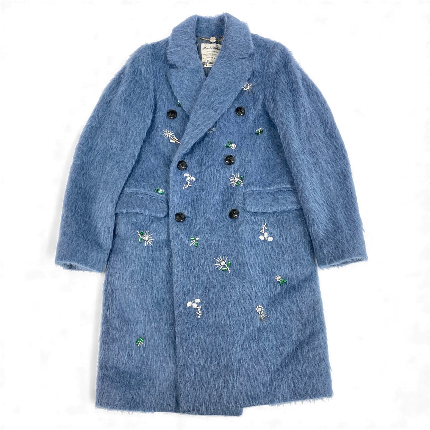 28k6【美品】MUVEIL ミュベール シャギーコート ロングコート ビジュー アウター MA43FC003 36サイズ ブルー レディースu02t