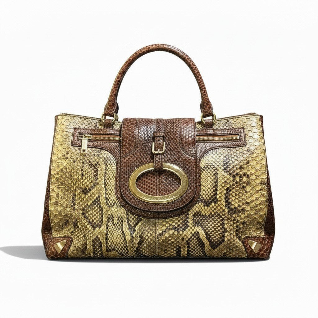 h29 DOLCE＆GABBANA ドルチェアンドガッバーナ リアルパイソン ハンドバッグ ゴールド金具 ブラウン系 パイソンレザーu02t