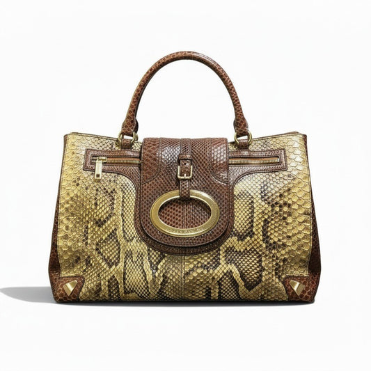h29 DOLCE＆GABBANA ドルチェアンドガッバーナ リアルパイソン ハンドバッグ ゴールド金具 ブラウン系 パイソンレザーu02t