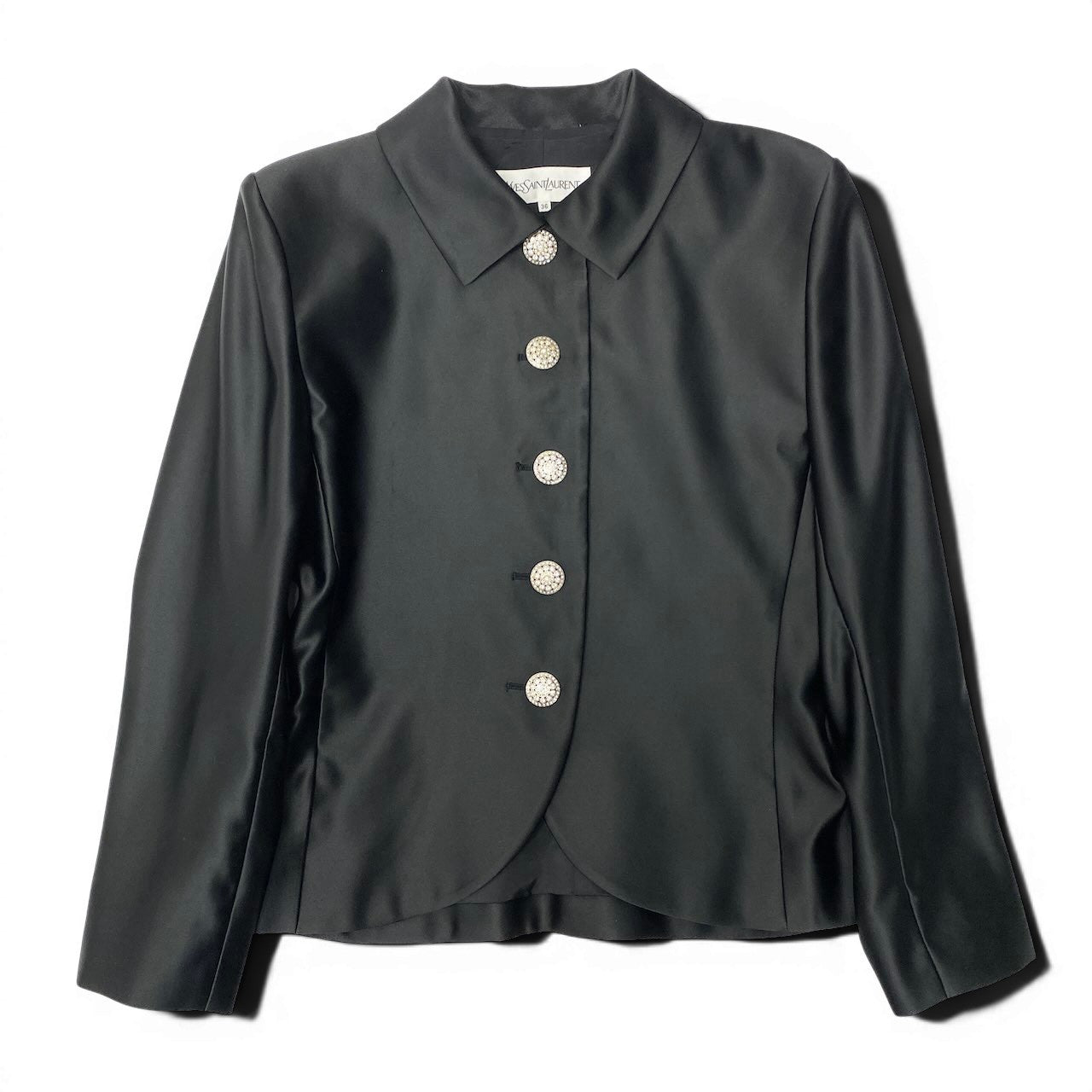 83e12 YVES SAINTLAURENT イヴサンローラン サテンジャケット シャツジャケット ロングスリーブ サイズ9A3 光沢 ブラック レディース 女性服o07t
